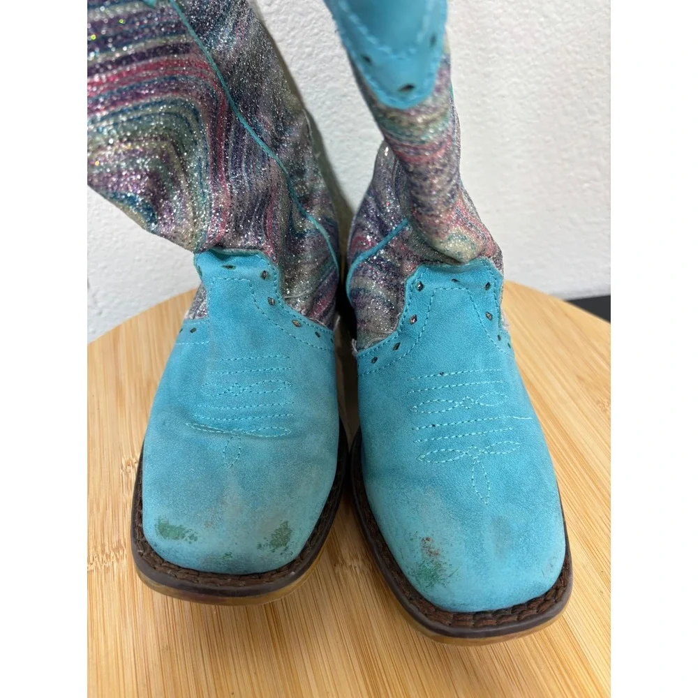 Roper Boots Girl Toddler 10 Glitter Swirl Blue Western Cowboy Sparkly Faux Suede